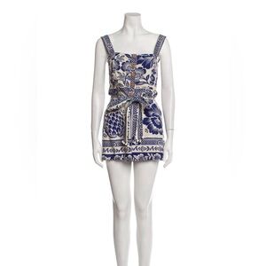 Farm Rio square neckline blue printed romper